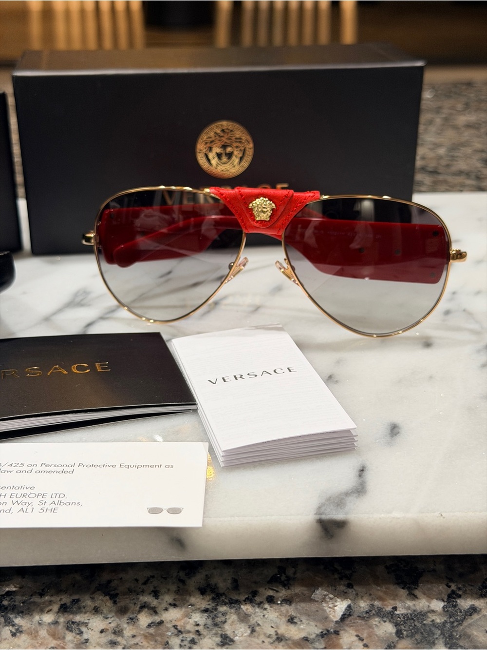 Versace Women’s Aviator Sunglasses - Red Gradient Lenses, Gold Frame, Red Bridge